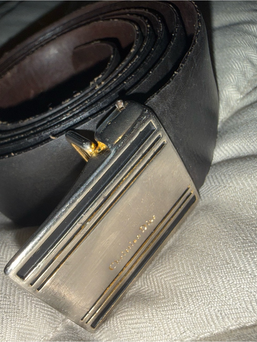 Dior Black Leather Belt with Silver & Gold-Tone Buckle
